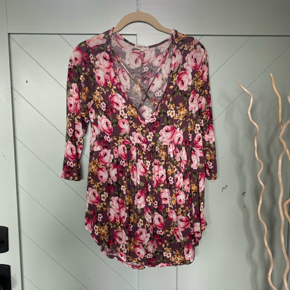 XSOLDX 3/4 sleeve floral babydoll tunic